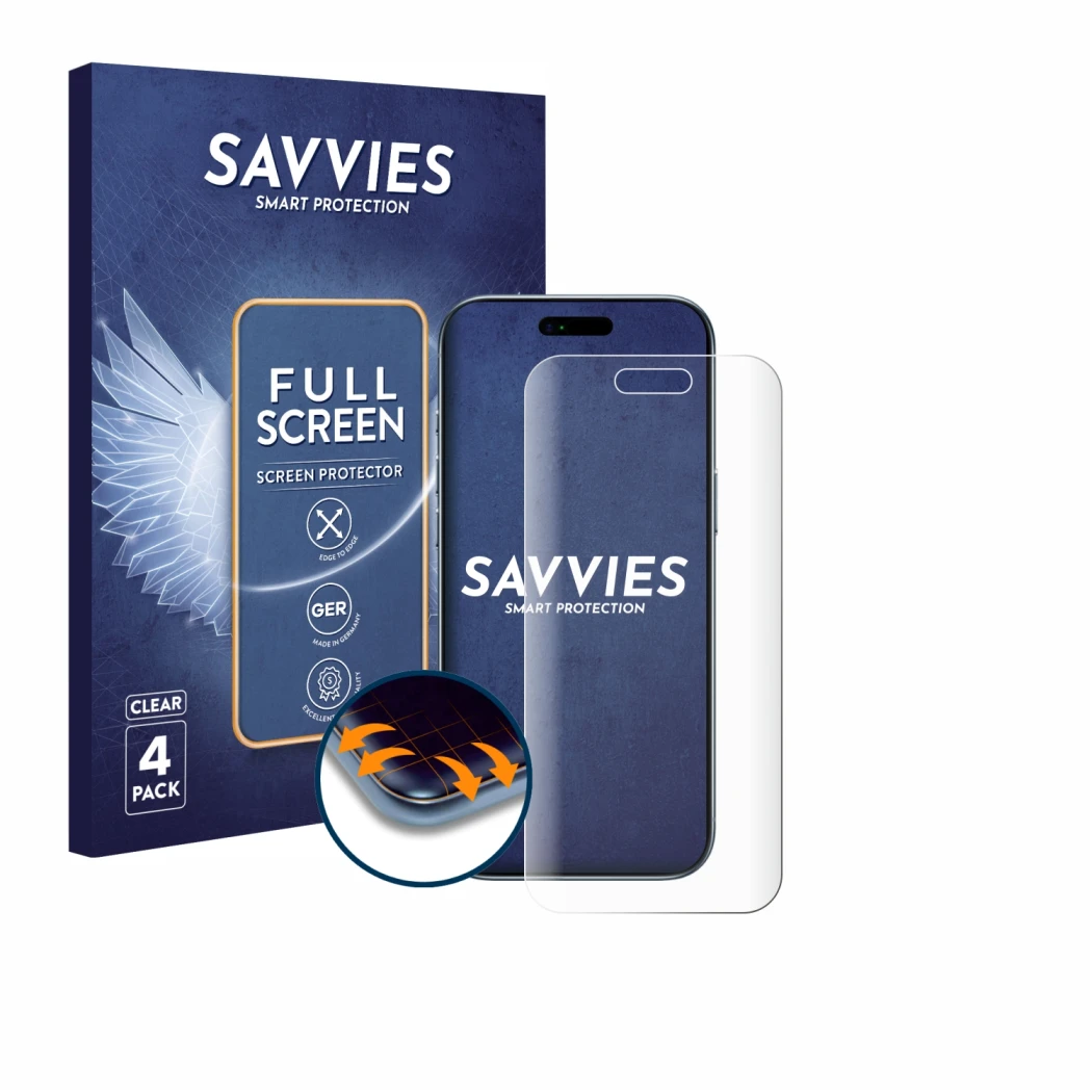 Face avant d’un emballage produit avec le logo de la marque Savvies. À côté, l’appareil Apple iPhone Air est représenté avec l