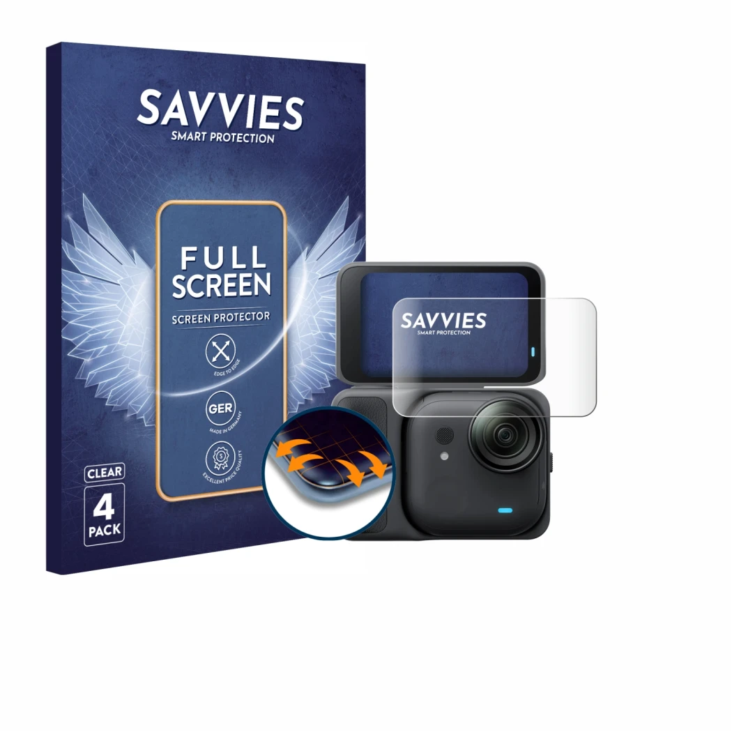 Face avant d’un emballage produit avec le logo de la marque Savvies. À côté, l’appareil Insta360 Go Ultra est représenté avec 