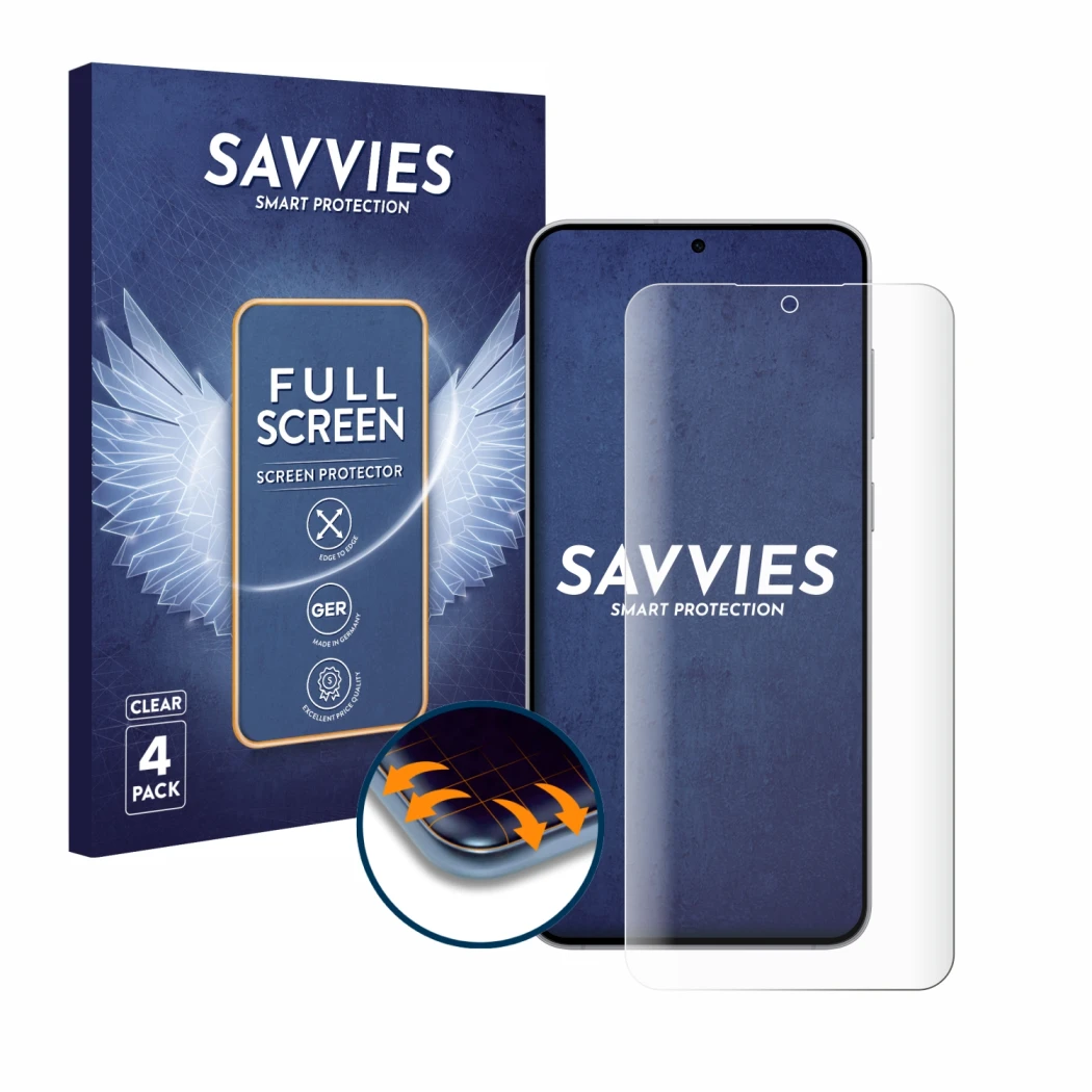 Face avant d’un emballage produit avec le logo de la marque Savvies. À côté, l’appareil Samsung Galaxy S25 FE est représenté a