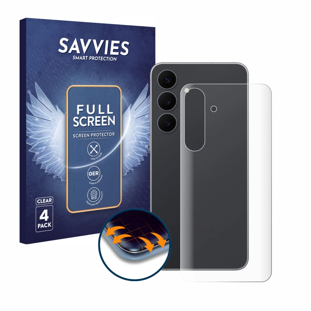 Face avant d’un emballage produit avec le logo de la marque Savvies. À côté, l’appareil Samsung Galaxy S25 FE (Arrière) est re