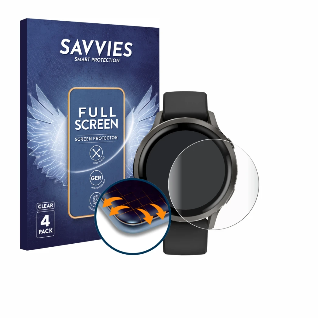Face avant d’un emballage produit avec le logo de la marque Savvies. À côté, l’appareil Garmin Venu 4 (41 mm) est représenté a
