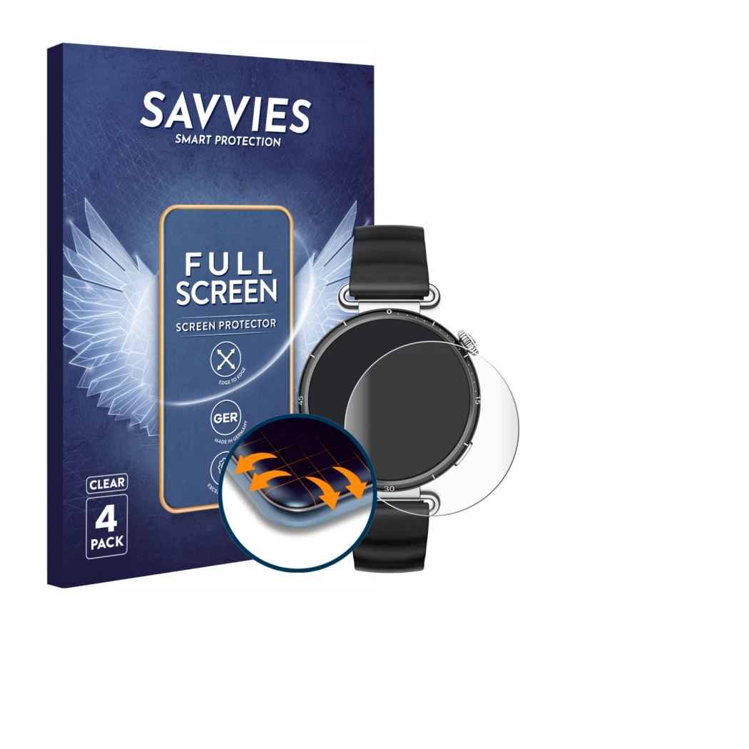 Face avant d’un emballage produit avec le logo de la marque Savvies. À côté, l’appareil Huawei Watch GT 6 (41 mm) est représen