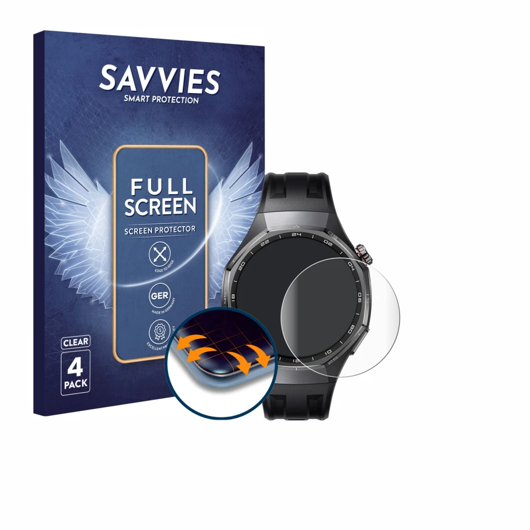 Face avant d’un emballage produit avec le logo de la marque Savvies. À côté, l’appareil Huawei Watch GT 6 Pro (46 mm) est repr