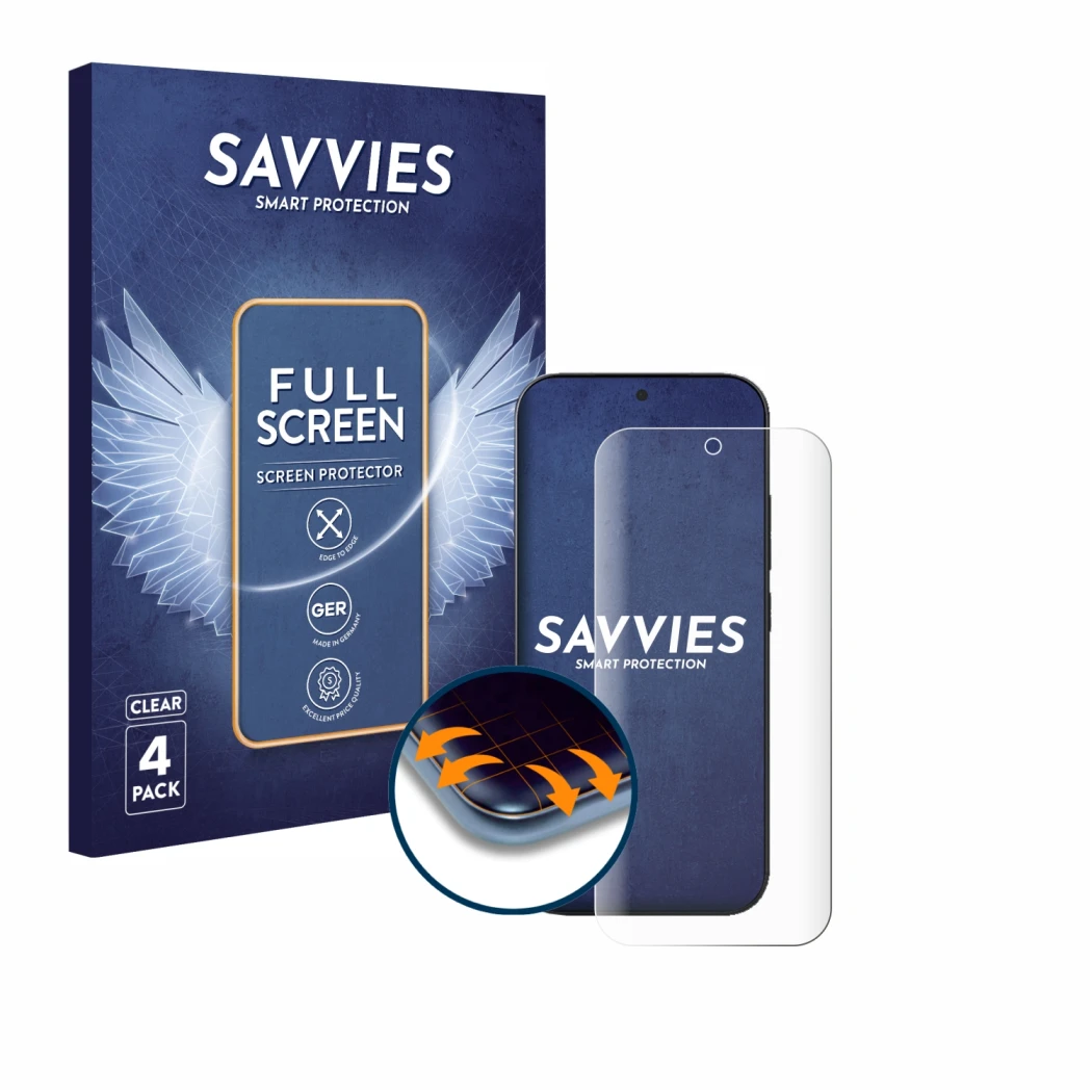 Face avant d’un emballage produit avec le logo de la marque Savvies. À côté, l’appareil Xiaomi 17 Pro est représenté avec la p