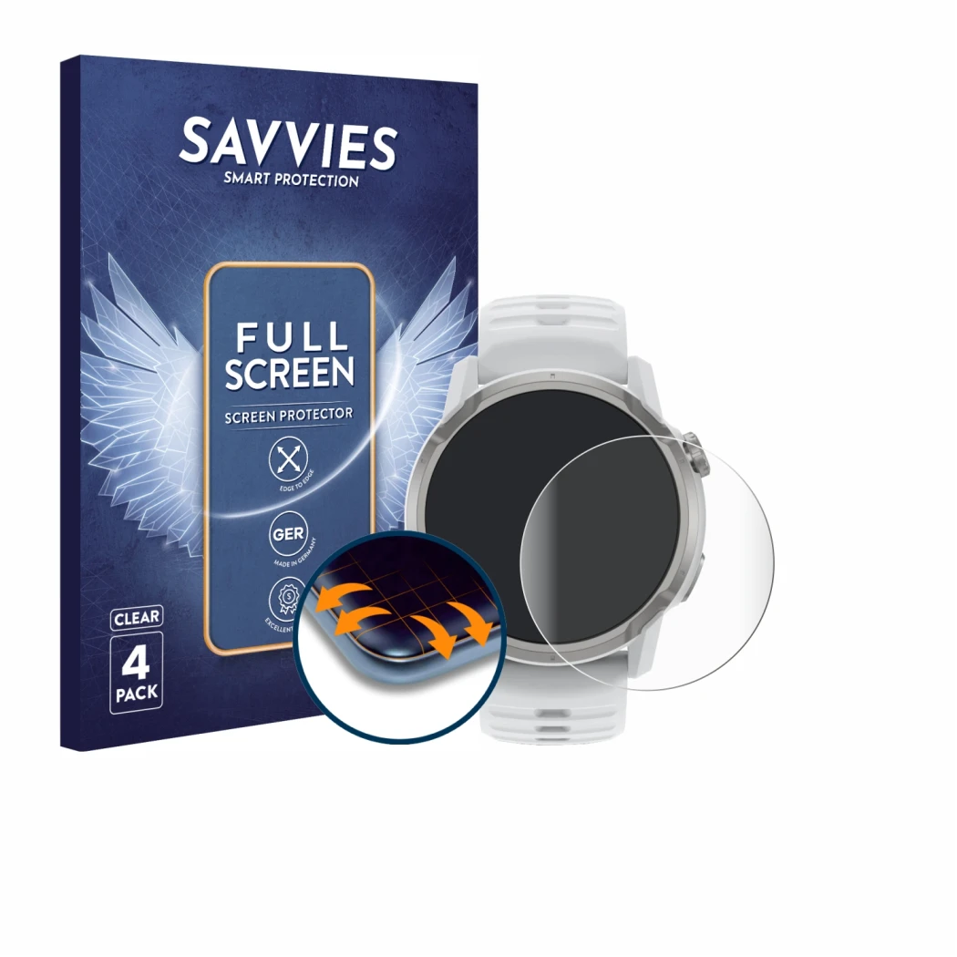 Face avant d’un emballage produit avec le logo de la marque Savvies. À côté, l’appareil Coros Apex 4 (46 mm) est représenté av
