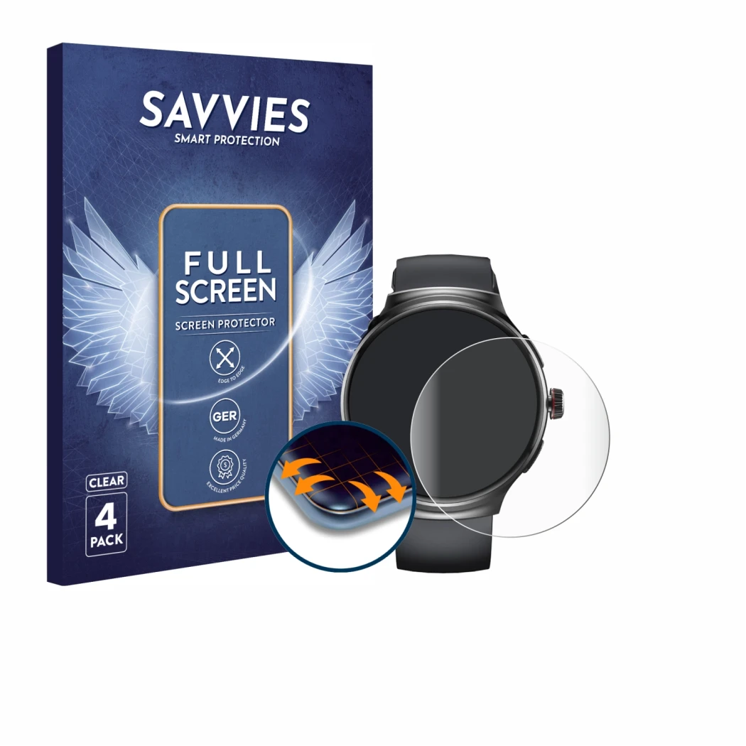 Face avant d’un emballage produit avec le logo de la marque Savvies. À côté, l’appareil Oukitel V5 1.43