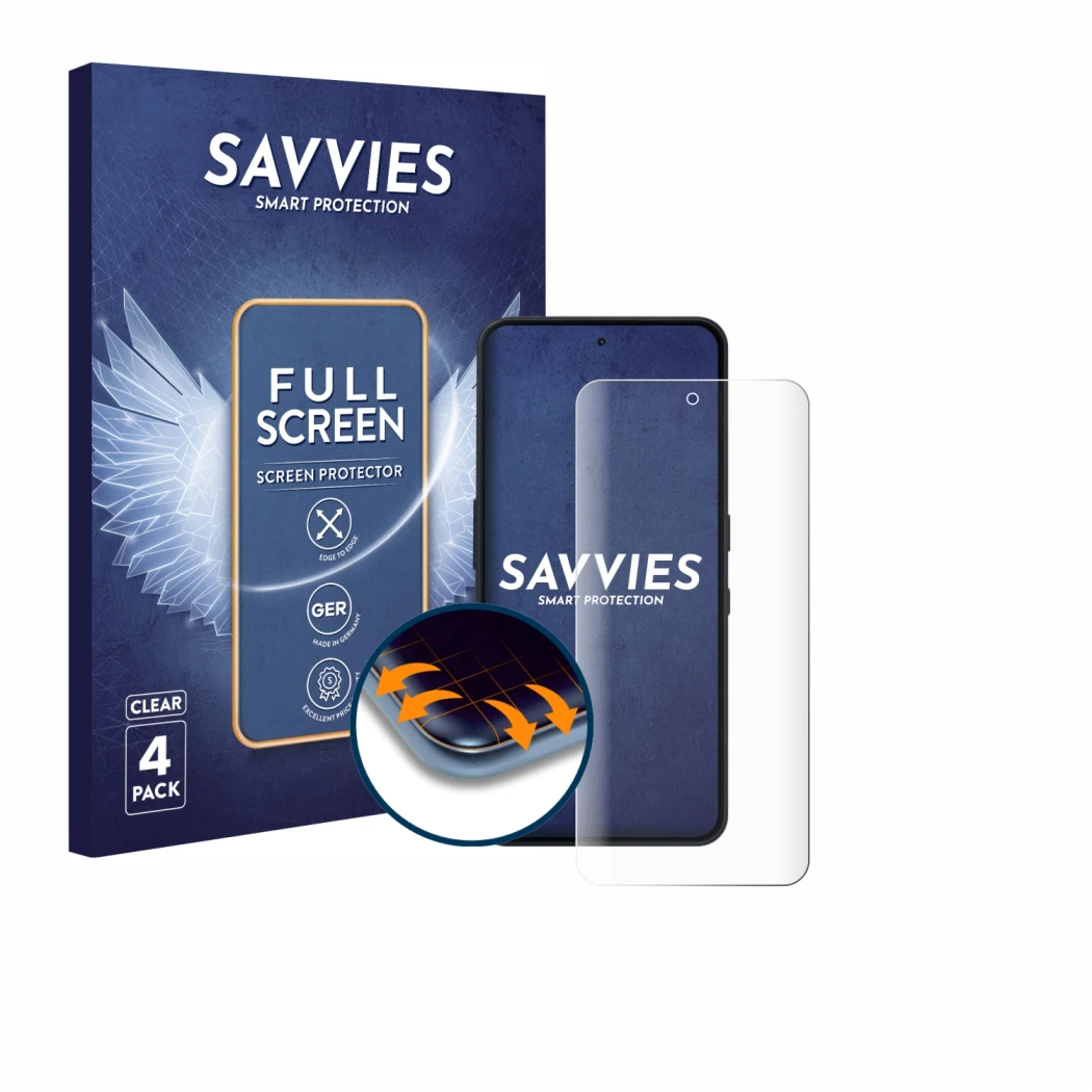 Face avant d’un emballage produit avec le logo de la marque Savvies. À côté, l’appareil Nothing Phone (3a) Lite est représenté