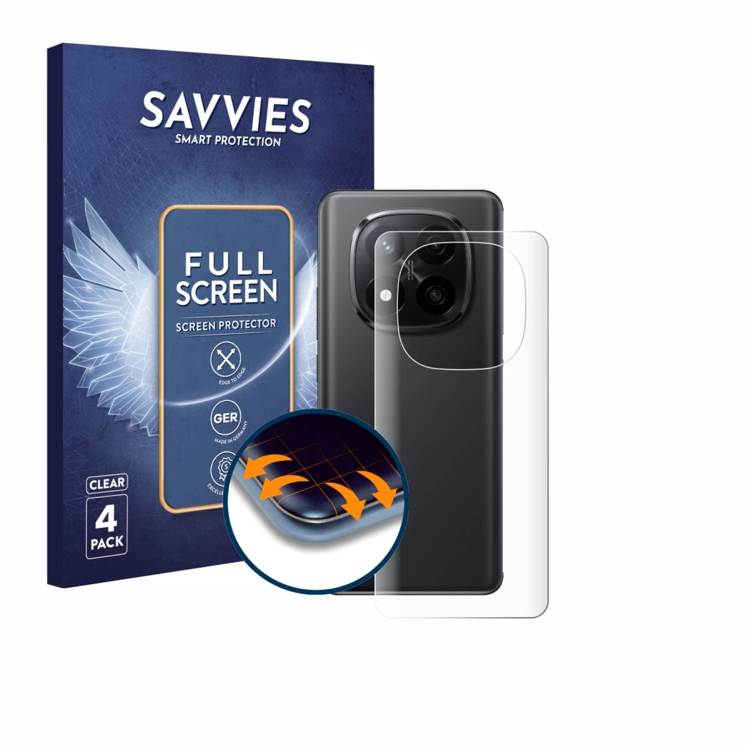 Face avant d’un emballage produit avec le logo de la marque Savvies. À côté, l’appareil Xiaomi Redmi Note 14 Pro Plus 5G (Arri