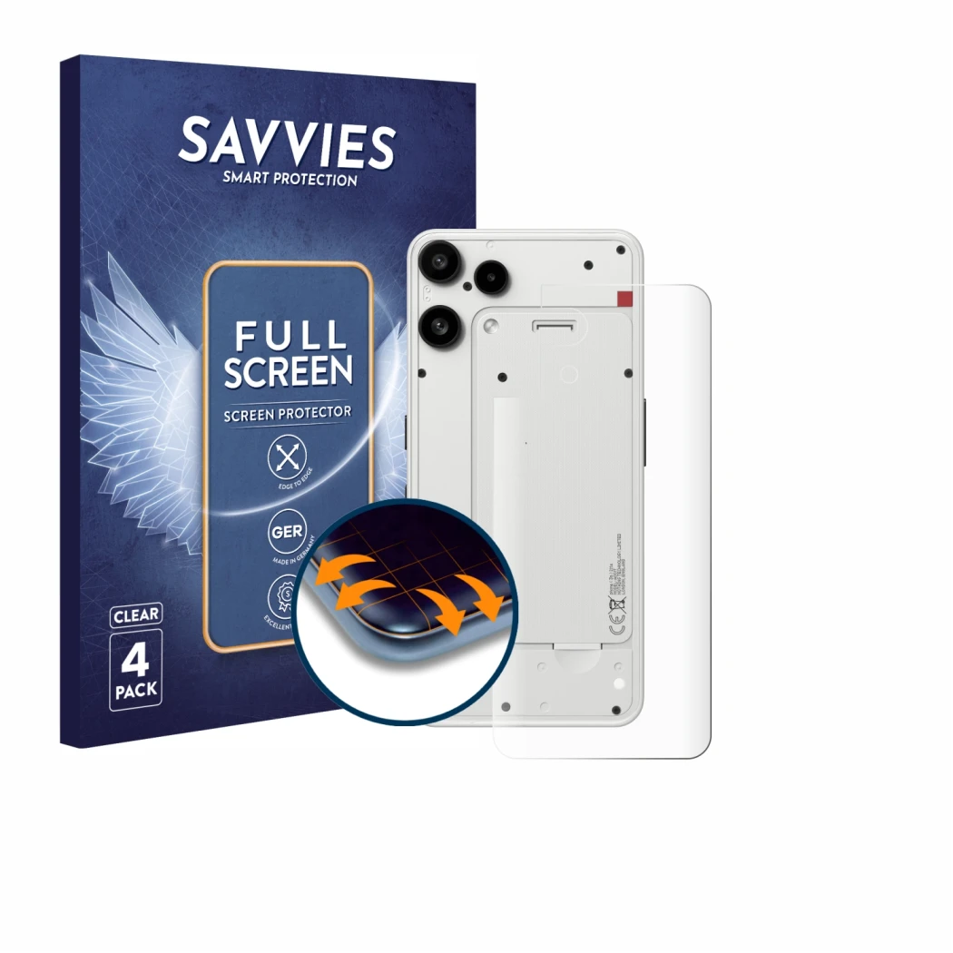 Face avant d’un emballage produit avec le logo de la marque Savvies. À côté, l’appareil Nothing Phone (3a) Lite (Arrière) est 