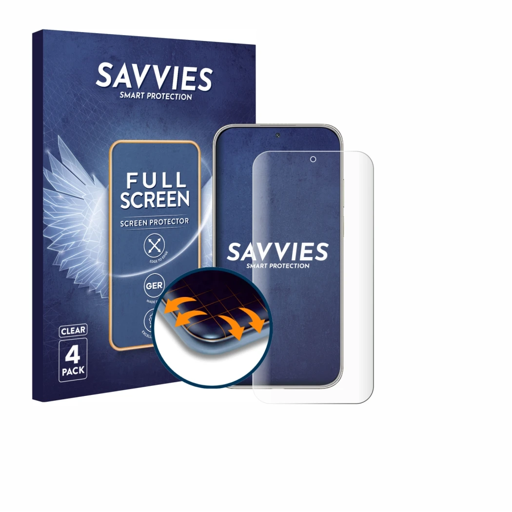 Face avant d’un emballage produit avec le logo de la marque Savvies. À côté, l’appareil Huawei Mate 70 Air est représenté avec