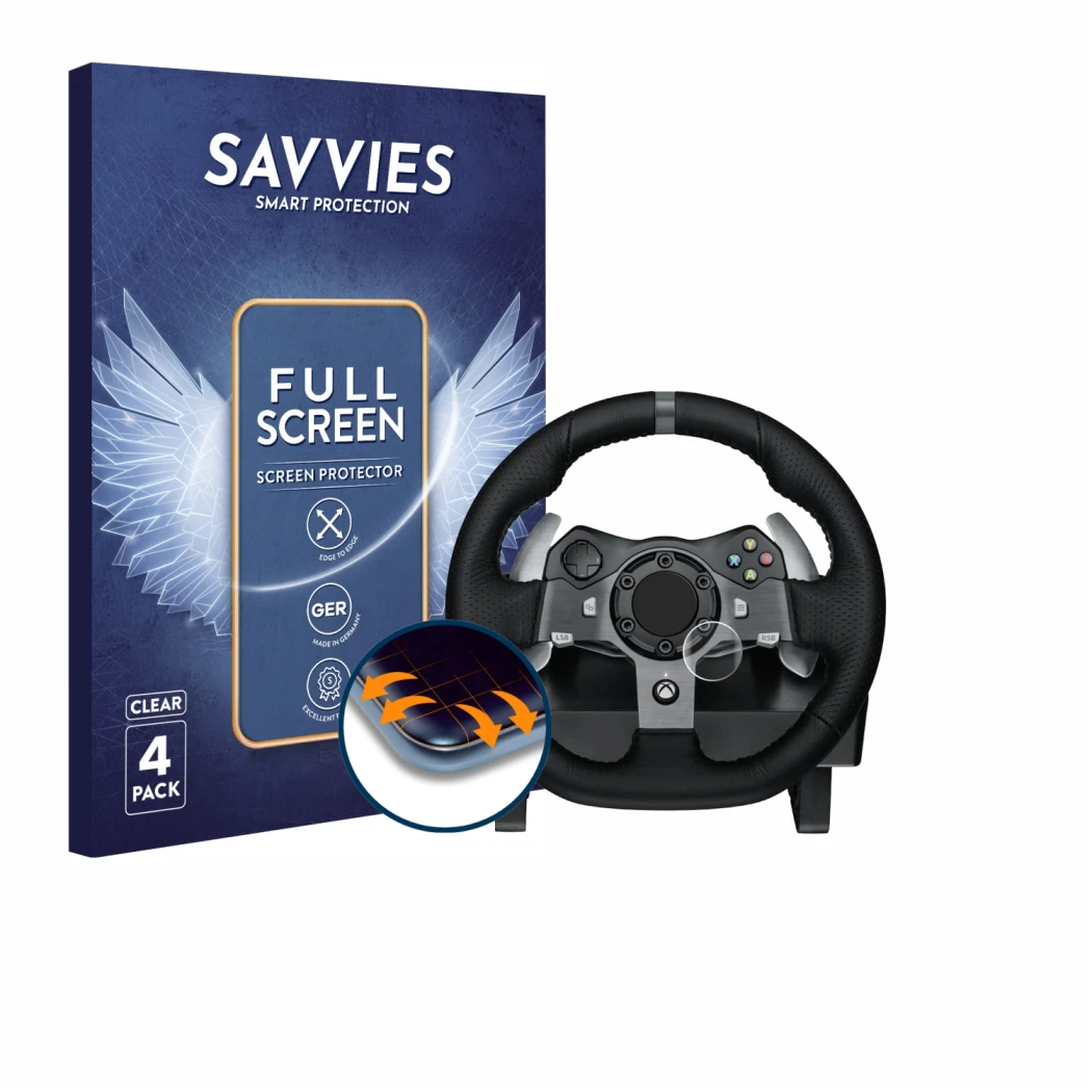 Face avant d’un emballage produit avec le logo de la marque Savvies. À côté, l’appareil Logitech G920 Driving Force Gaming Vol