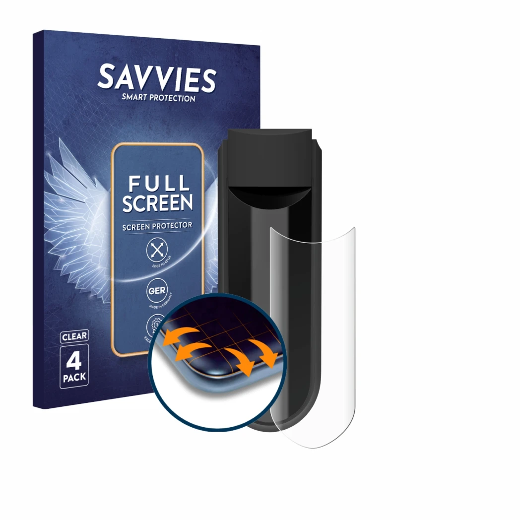 Face avant d’un emballage produit avec le logo de la marque Savvies. À côté, l’appareil Vorwerk Kobold VK7 est représenté avec