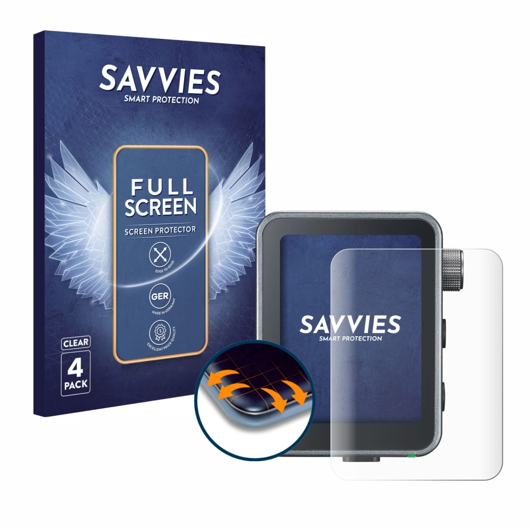 Face avant d’un emballage produit avec le logo de la marque Savvies. À côté, l’appareil Godox X3 Pro est représenté avec la pr