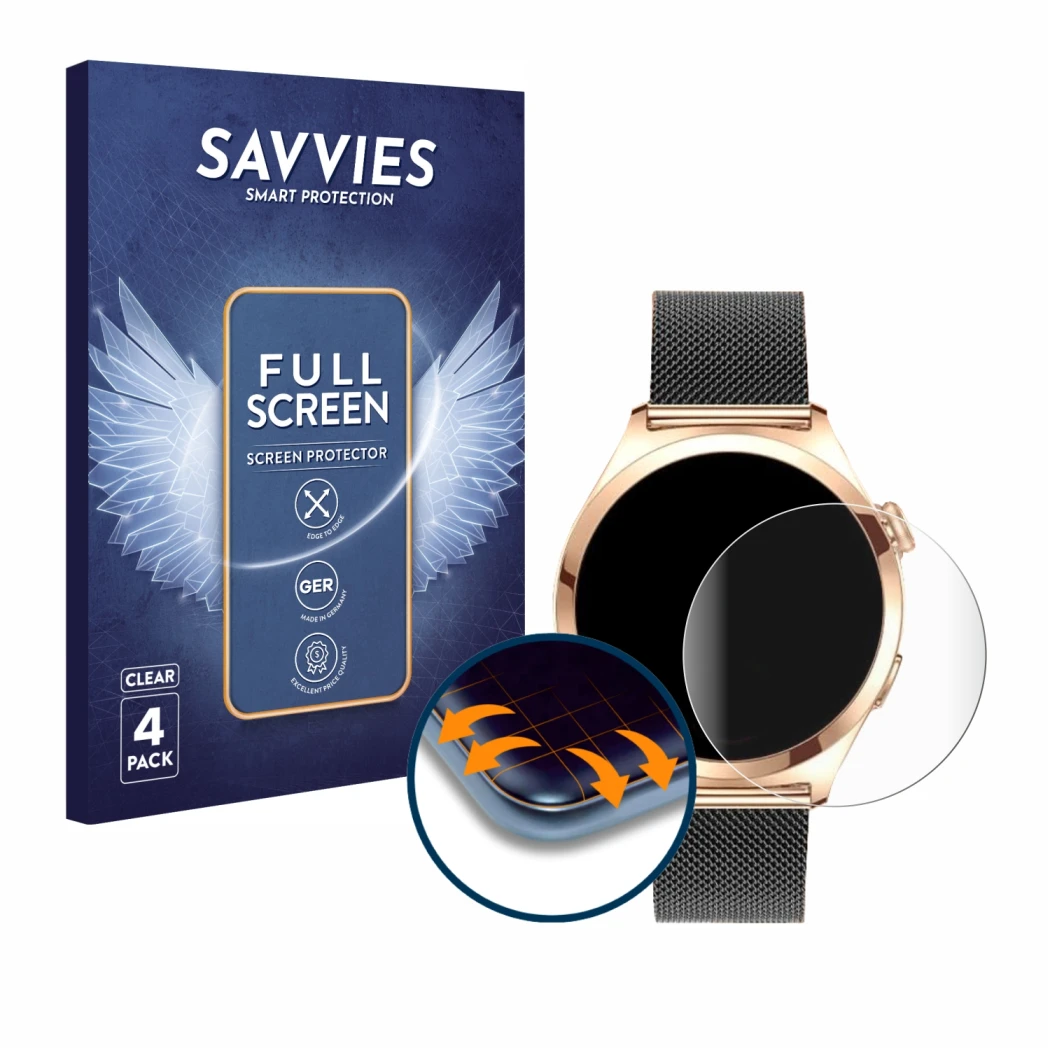 Face avant d’un emballage produit avec le logo de la marque Savvies. À côté, l’appareil Niolina Smartwatch 1.27