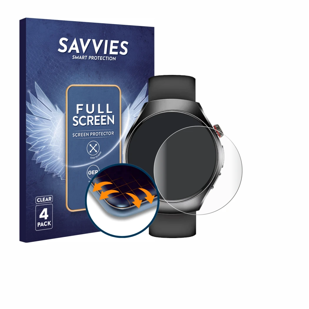 Face avant d’un emballage produit avec le logo de la marque Savvies. À côté, l’appareil Smartwatch ET460 1.47