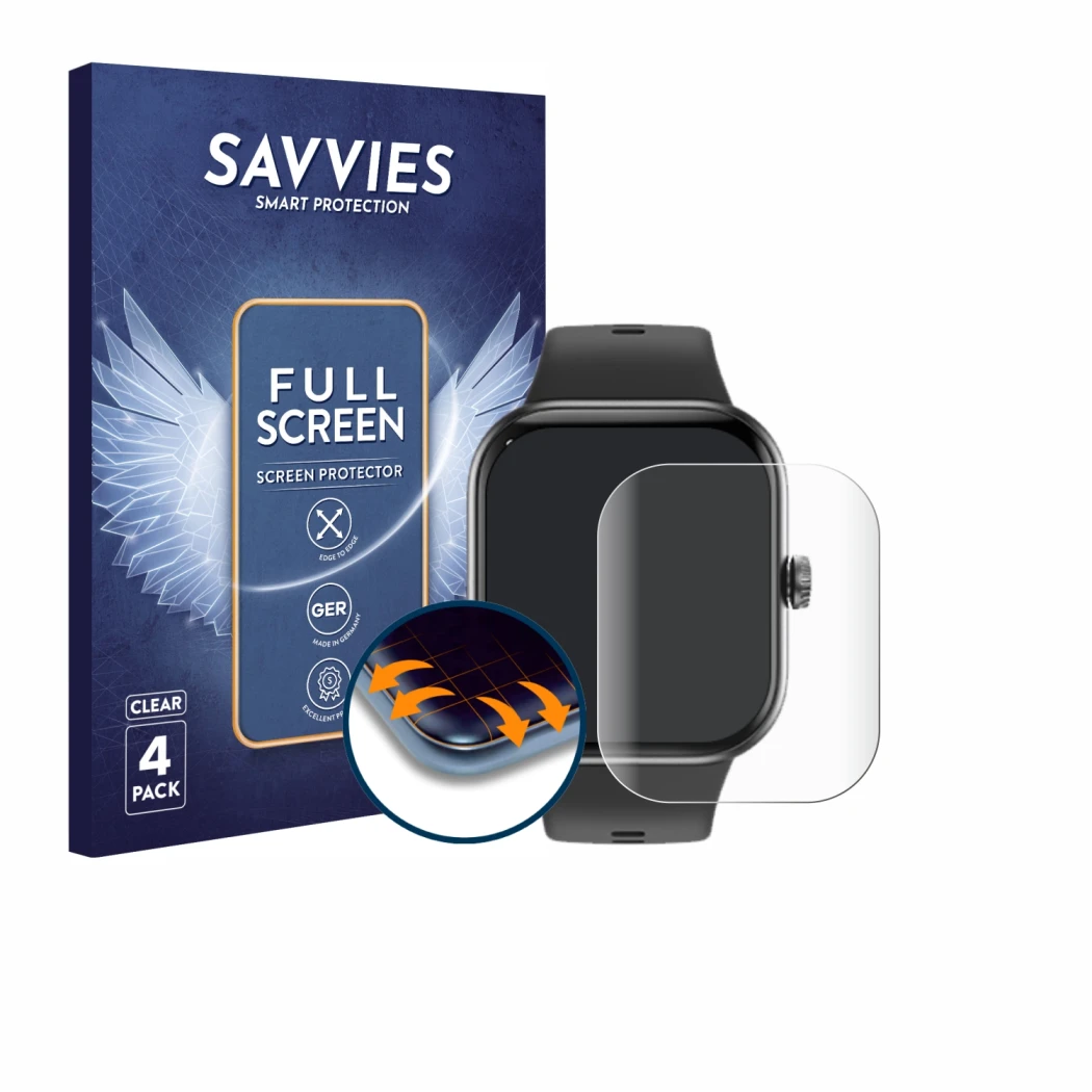 Face avant d’un emballage produit avec le logo de la marque Savvies. À côté, l’appareil Honor Choice InFoWear Watch 2 Pro est 