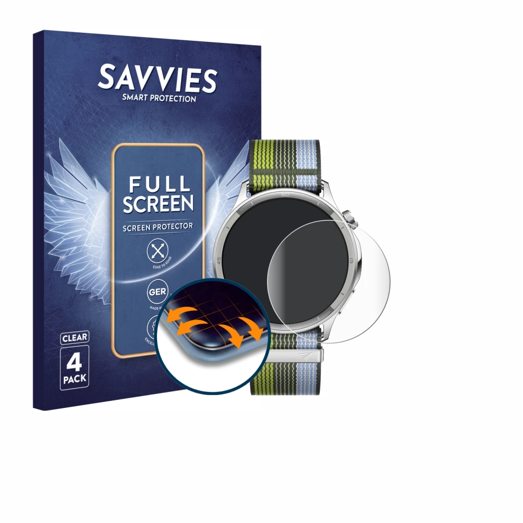 Face avant d’un emballage produit avec le logo de la marque Savvies. À côté, l’appareil Oppo Watch S est représenté avec la pr