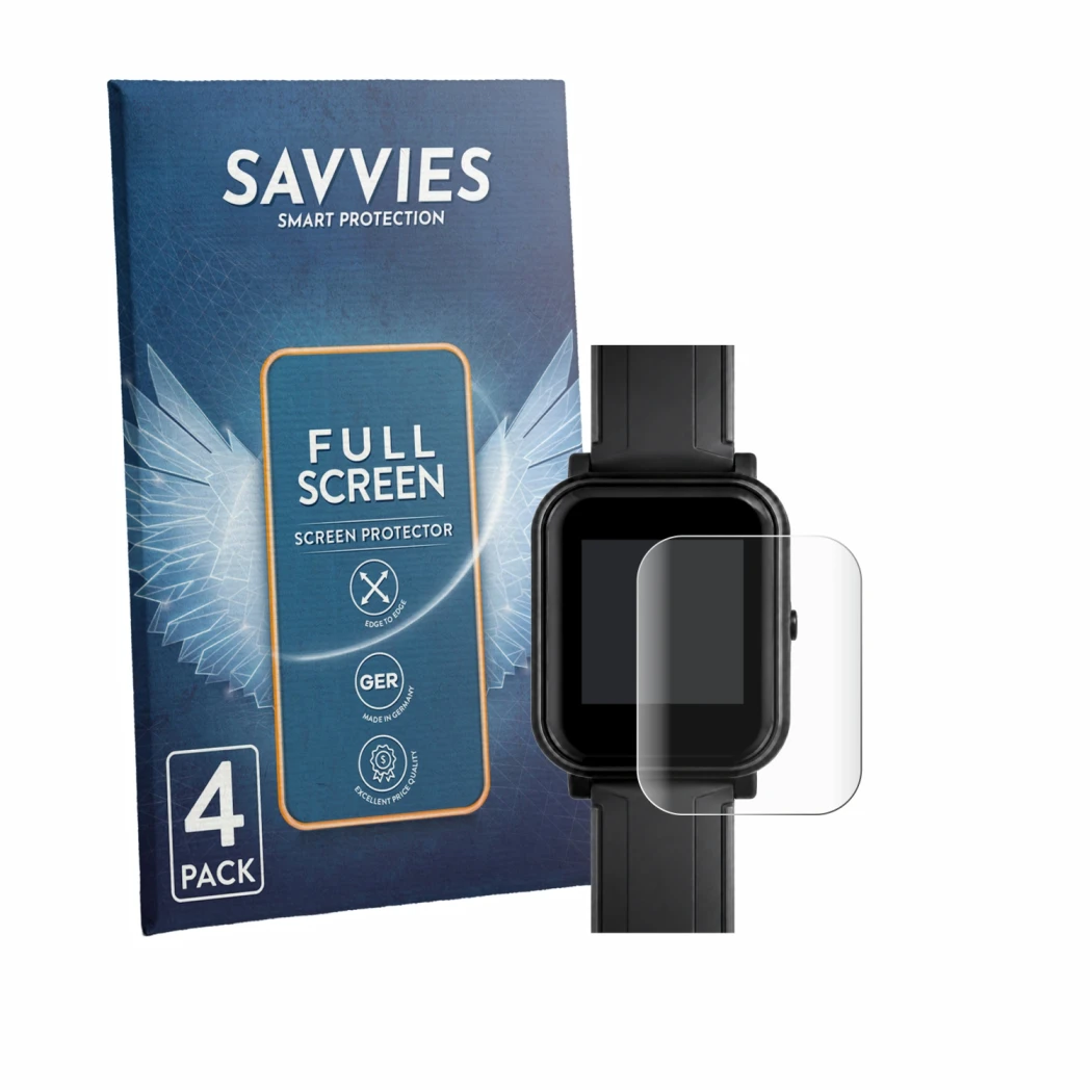 Face avant d’un emballage produit avec le logo de la marque Savvies. À côté, l’appareil Bangle.js 2 est représenté avec la pro