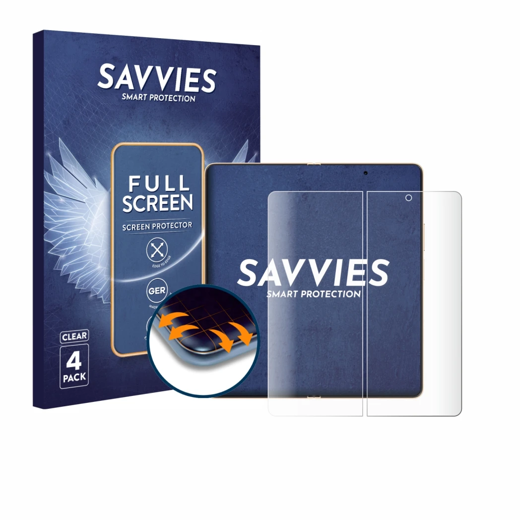 Face avant d’un emballage produit avec le logo de la marque Savvies. À côté, l’appareil Honor Magic V6 (Affichage interne) est