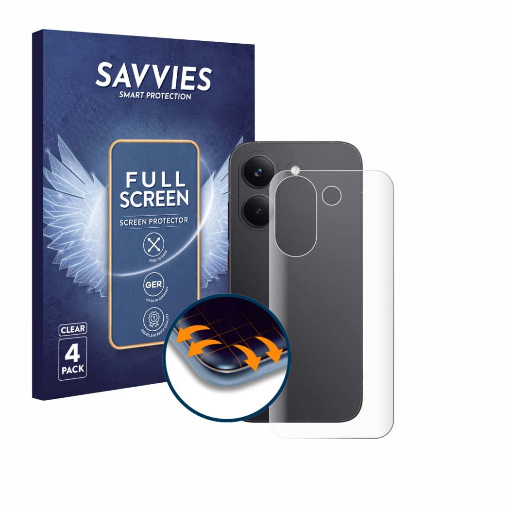 Face avant d’un emballage produit avec le logo de la marque Savvies. À côté, l’appareil Xiaomi Poco X8 Pro (Arrière) est repré