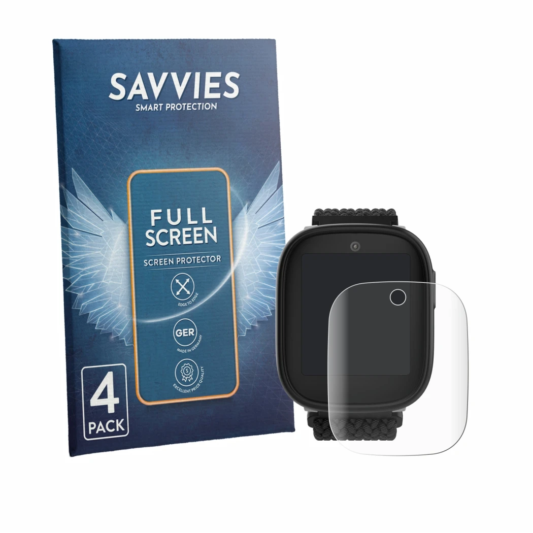 Face avant d’un emballage produit avec le logo de la marque Savvies. À côté, l’appareil Xplora X6 Play eSIM (2ème génération) 