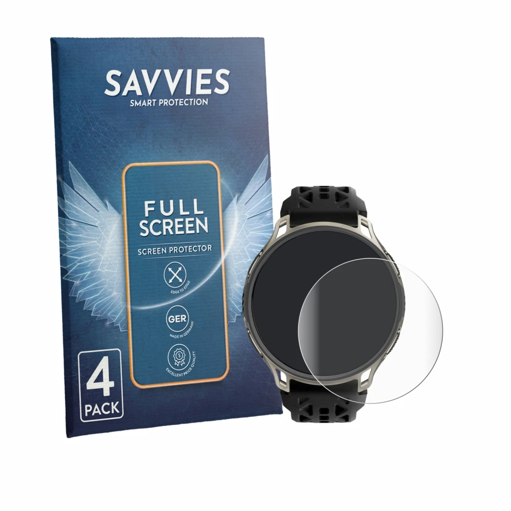 Face avant d’un emballage produit avec le logo de la marque Savvies. À côté, l’appareil Amazfit Cheetah 2 Pro est représenté a