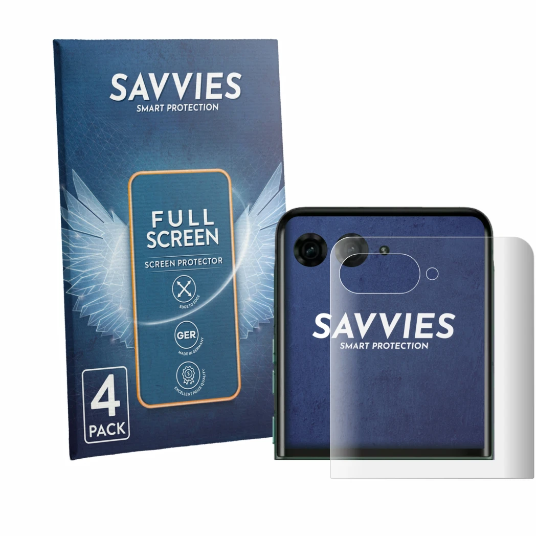 Face avant d’un emballage produit avec le logo de la marque Savvies. À côté, l’appareil Motorola Razr 70 Plus (Affichage arriè