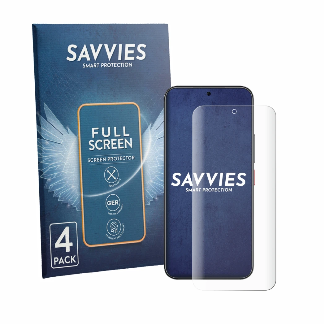 Face avant d’un emballage produit avec le logo de la marque Savvies. À côté, l’appareil Nubia Air Pro est représenté avec la p