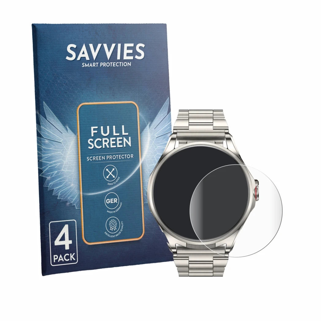 Face avant d’un emballage produit avec le logo de la marque Savvies. À côté, l’appareil Huawei Watch Buds 2 est représenté ave