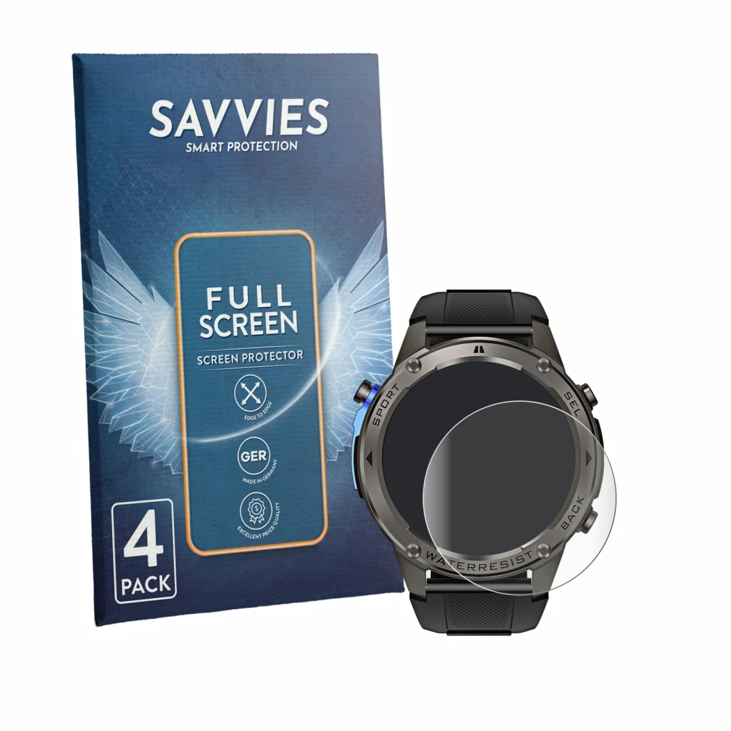 Face avant d’un emballage produit avec le logo de la marque Savvies. À côté, l’appareil Kardena Care GPS est représenté avec l