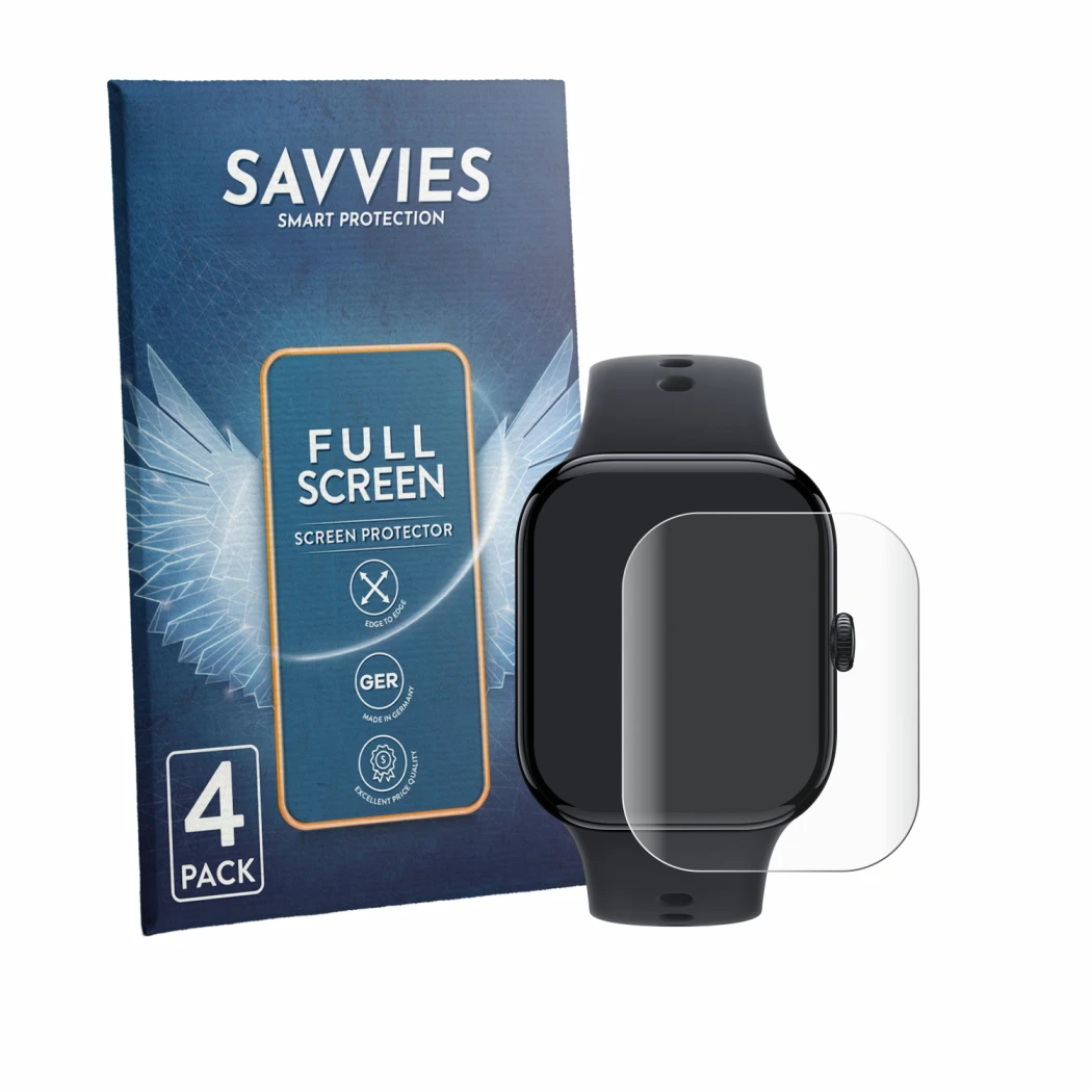 Face avant d’un emballage produit avec le logo de la marque Savvies. À côté, l’appareil Vivo Watch GT 2 est représenté avec la