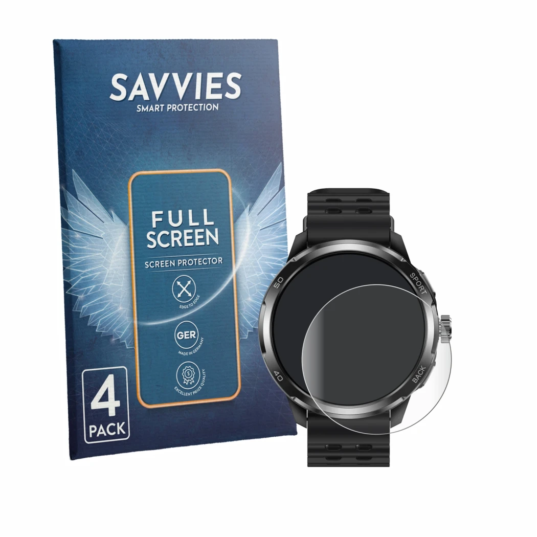Face avant d’un emballage produit avec le logo de la marque Savvies. À côté, l’appareil Ulefone Armor Watch Pro est représenté