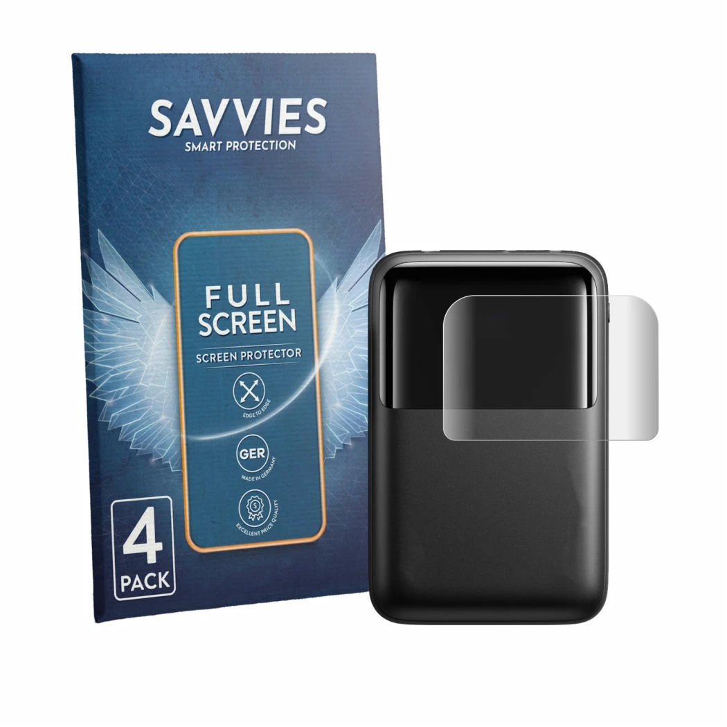 Face avant d’un emballage produit avec le logo de la marque Savvies. À côté, l’appareil INIU Cougar P63-E1 est représenté avec