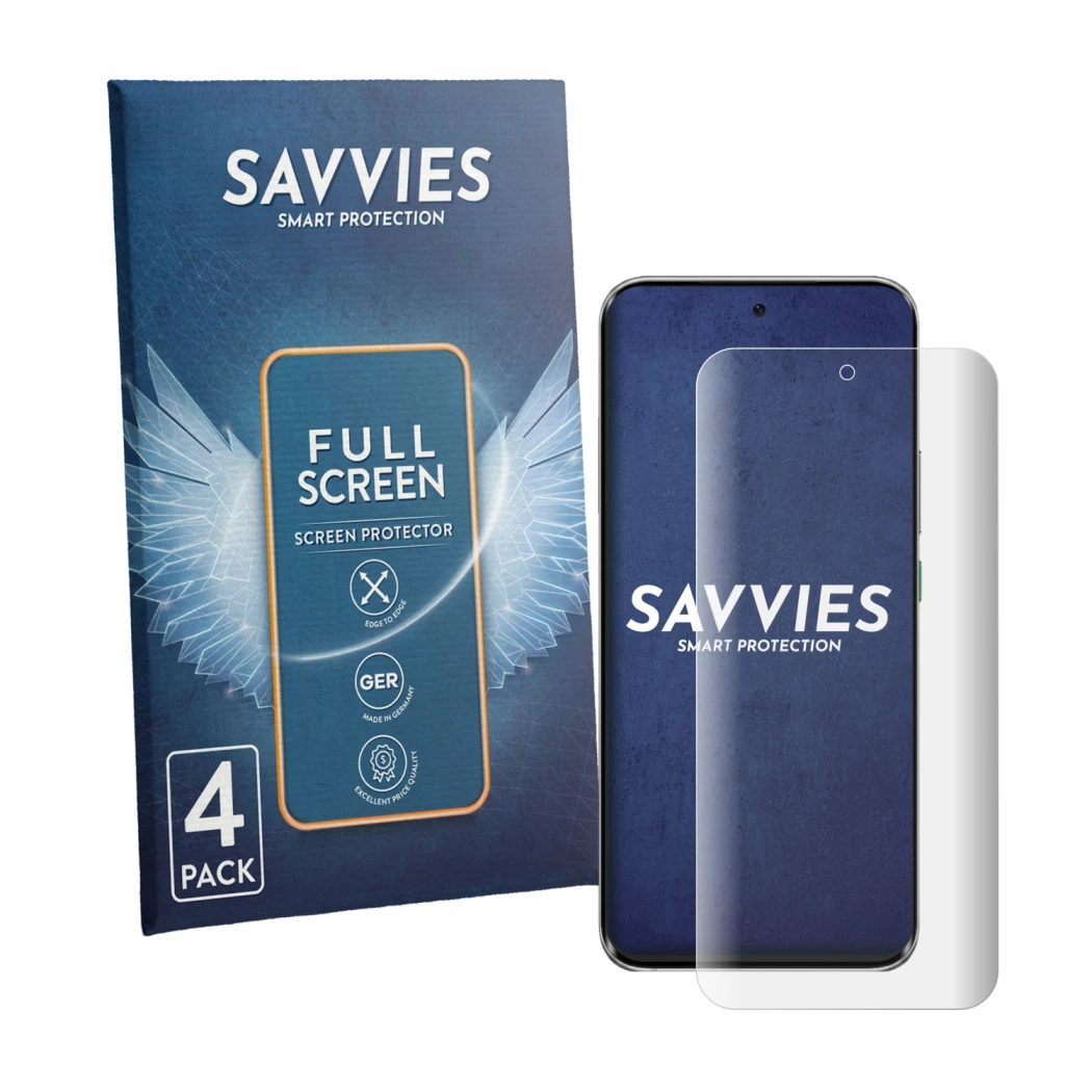 Face avant d’un emballage produit avec le logo de la marque Savvies. À côté, l’appareil Infinix HOT 60 Pro+ est représenté ave