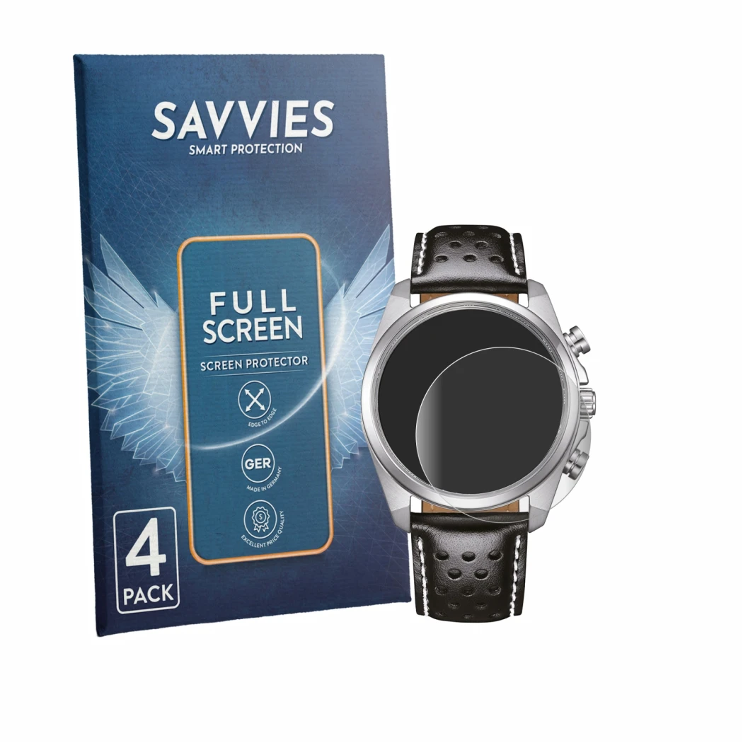 Face avant d’un emballage produit avec le logo de la marque Savvies. À côté, l’appareil Citizen CA4640-09A est représenté avec