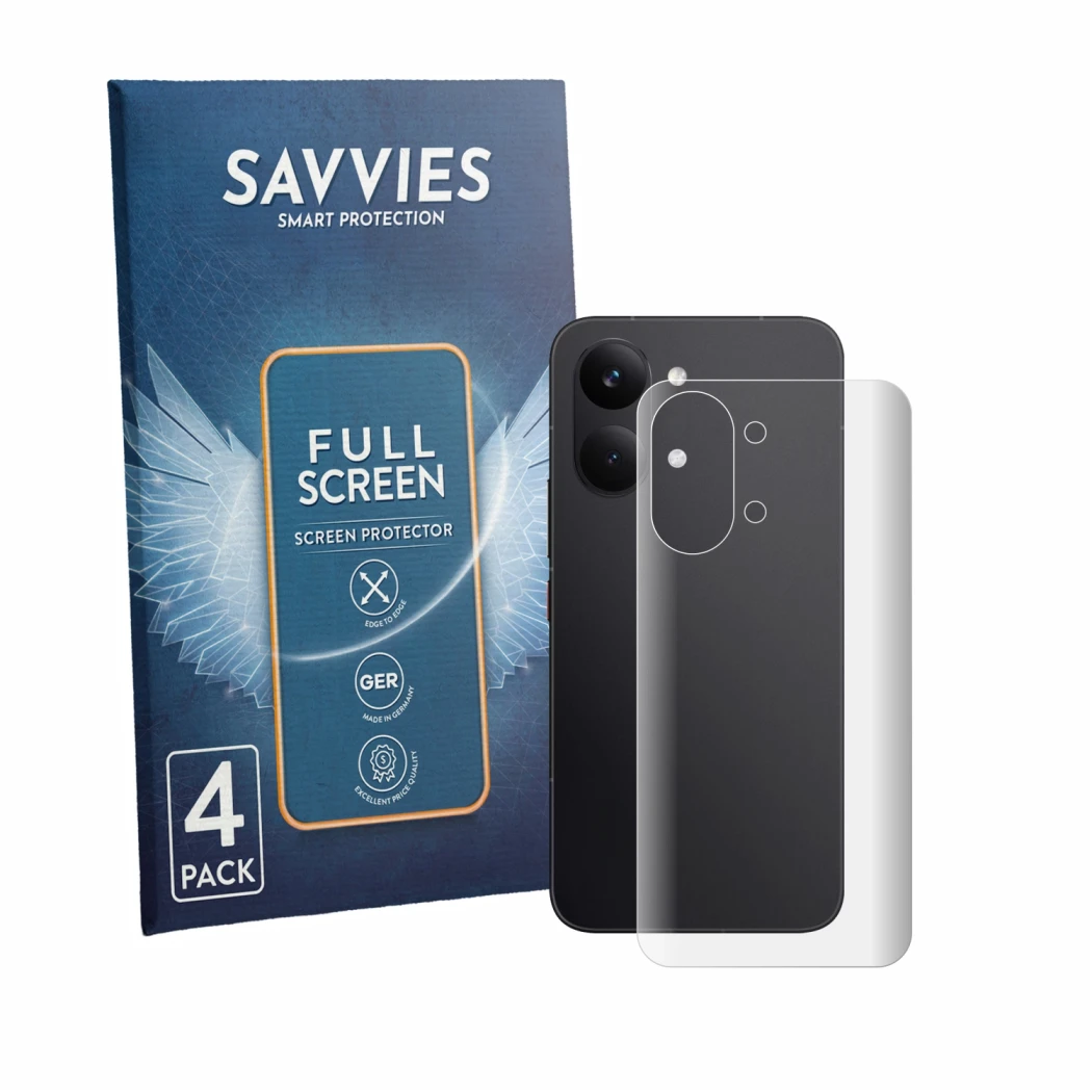 Face avant d’un emballage produit avec le logo de la marque Savvies. À côté, l’appareil Xiaomi Poco X8 Pro Max (Arrière) est r