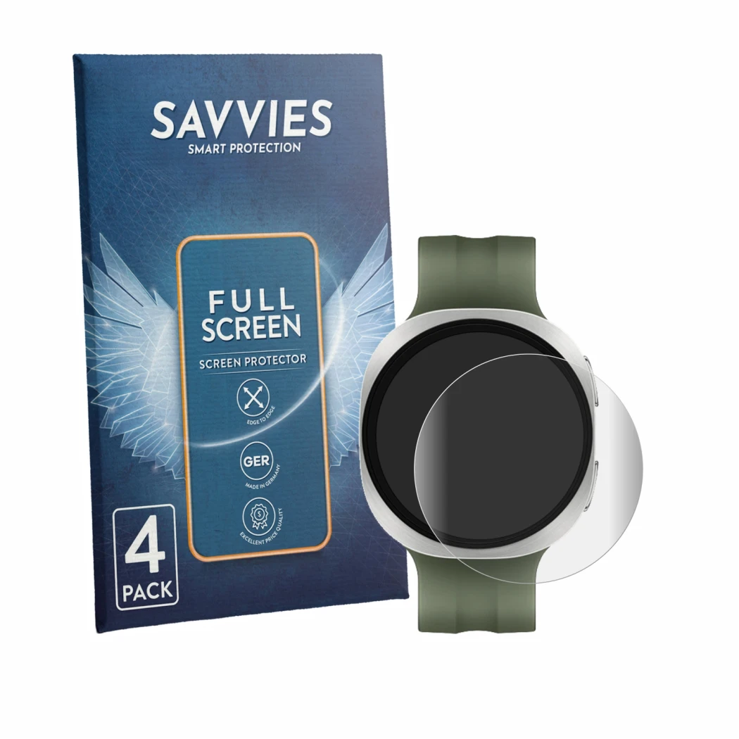 Face avant d’un emballage produit avec le logo de la marque Savvies. À côté, l’appareil Samsung Galaxy Watch 9 (40 mm) est rep