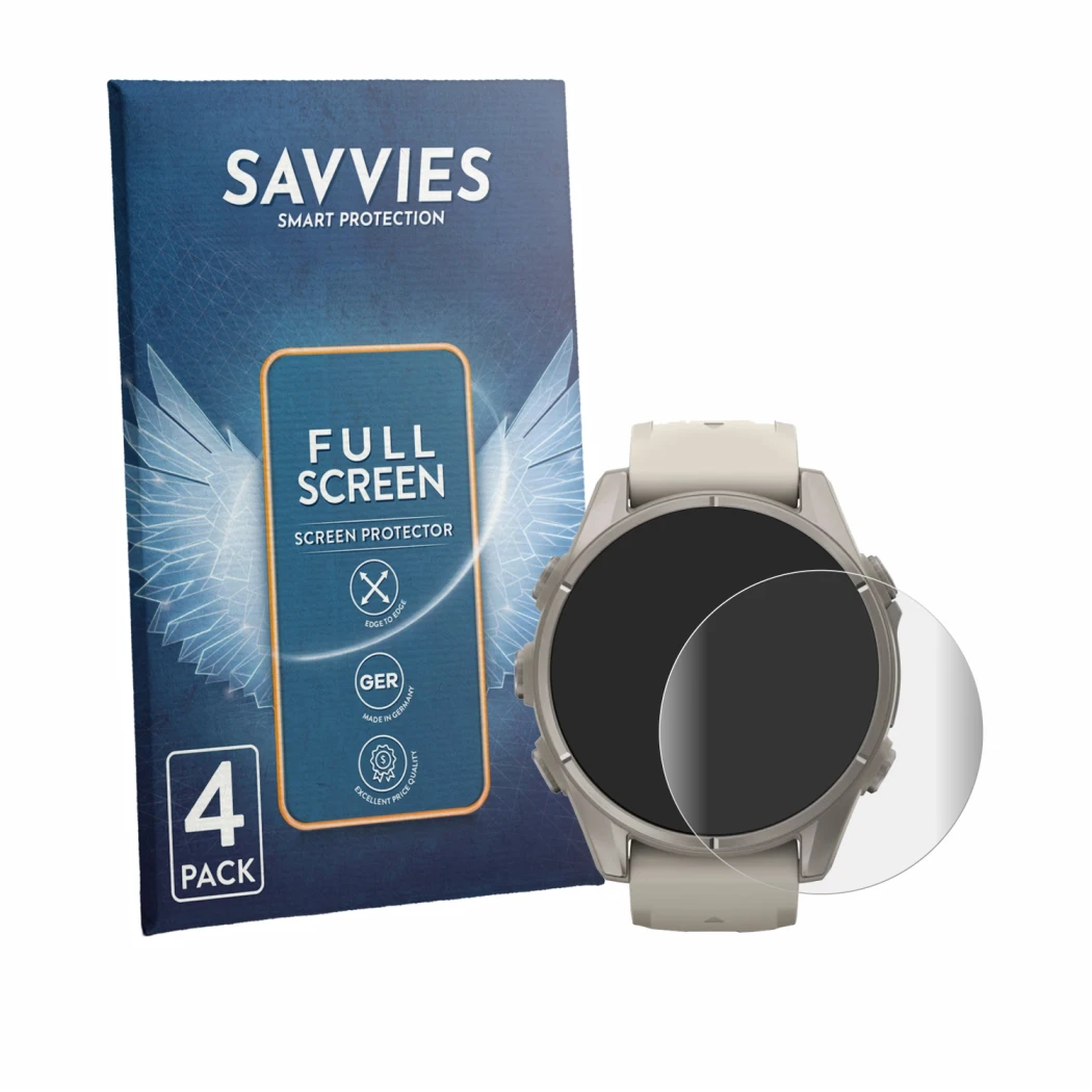Face avant d’un emballage produit avec le logo de la marque Savvies. À côté, l’appareil Garmin Fenix 9 (43 mm) est représenté 