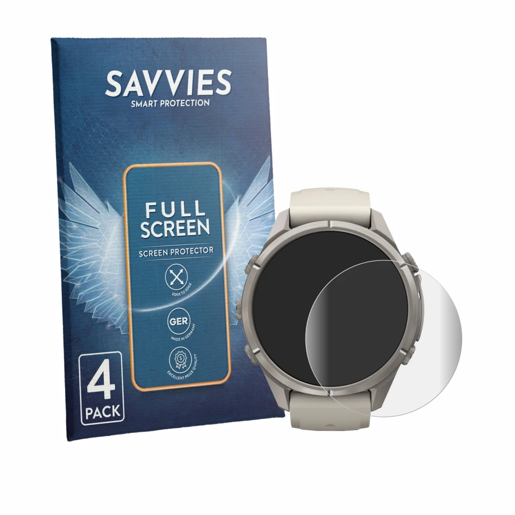 Face avant d’un emballage produit avec le logo de la marque Savvies. À côté, l’appareil Garmin Fenix 9 Pro (43 mm) est représe