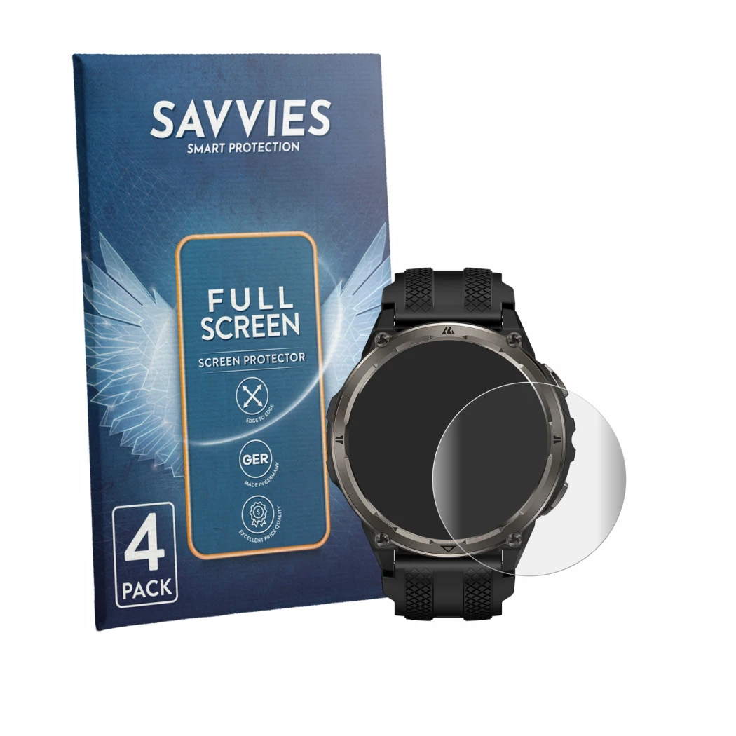 Face avant d’un emballage produit avec le logo de la marque Savvies. À côté, l’appareil Kospet ORB 2 est représenté avec la pr