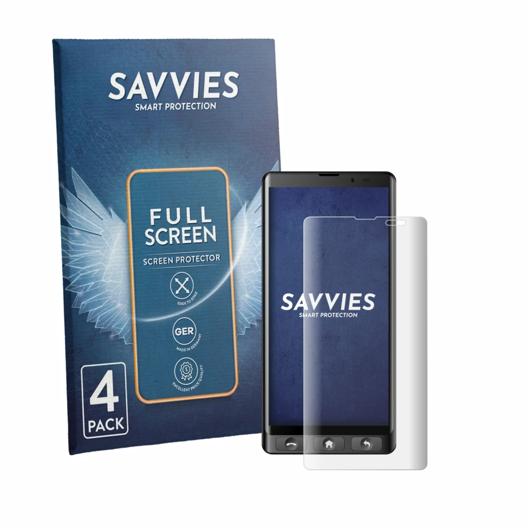 Face avant d’un emballage produit avec le logo de la marque Savvies. À côté, l’appareil Maxcom MS601 est représenté avec la pr
