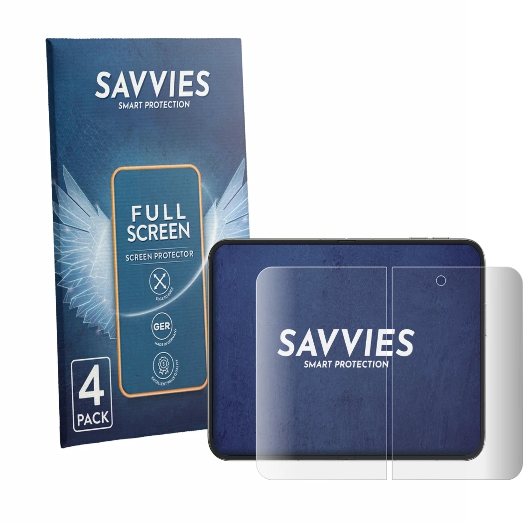 Face avant d’un emballage produit avec le logo de la marque Savvies. À côté, l’appareil Apple iPhone Duo (Affichage interne) e