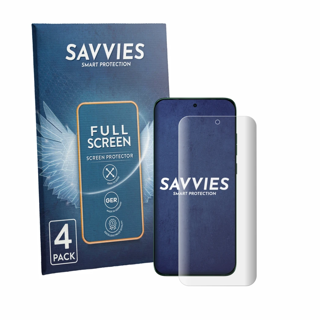 Face avant d’un emballage produit avec le logo de la marque Savvies. À côté, l’appareil Motorola Edge 70 Plus est représenté a