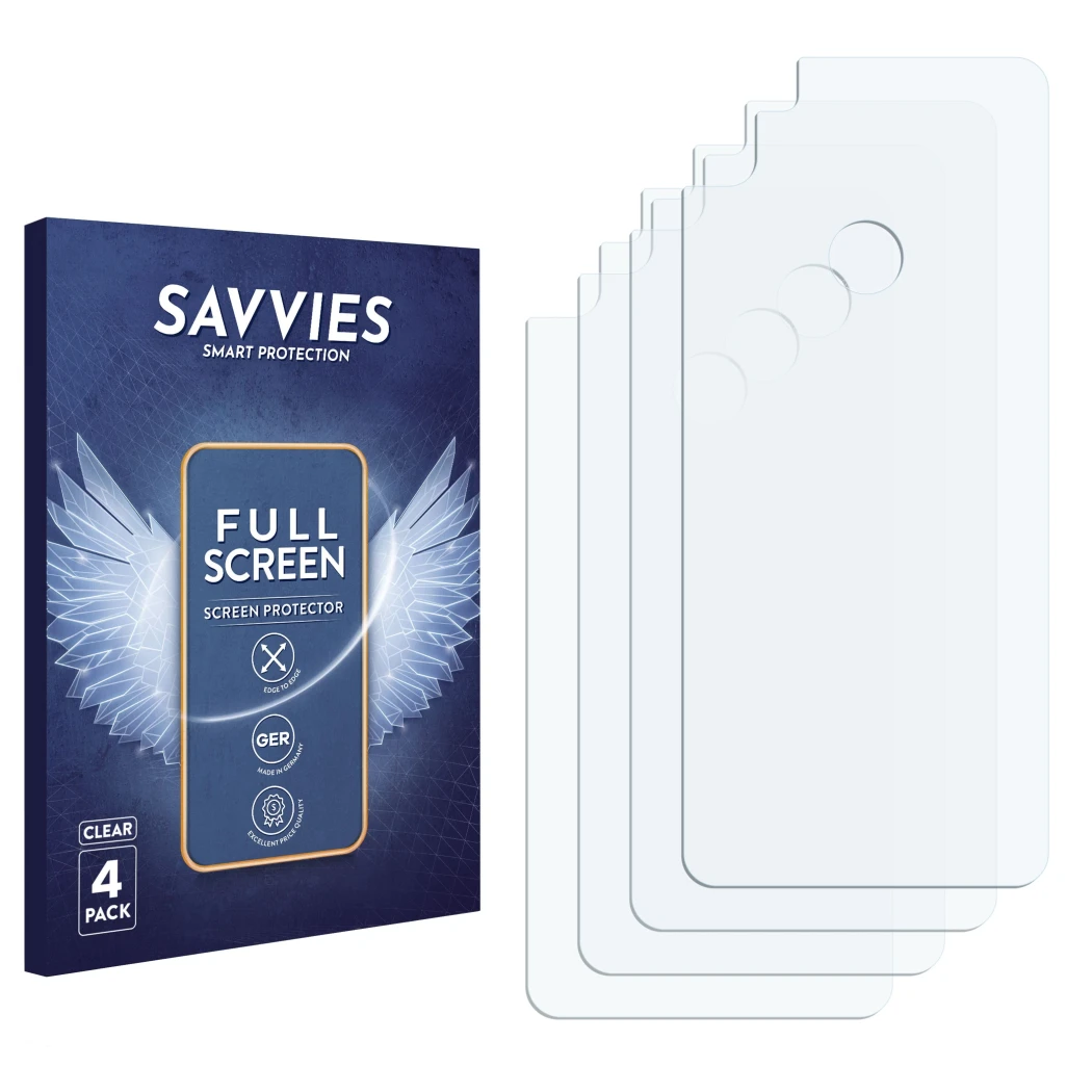 Face avant d’un emballage produit avec le logo de la marque Savvies. À côté se trouve la protection d’écran correspondante.