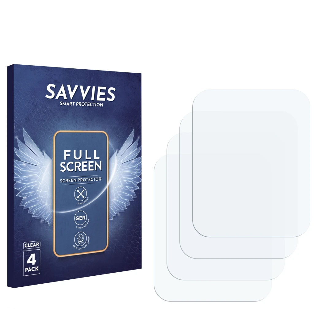 Face avant d’un emballage produit avec le logo de la marque Savvies. À côté se trouve la protection d’écran correspondante.