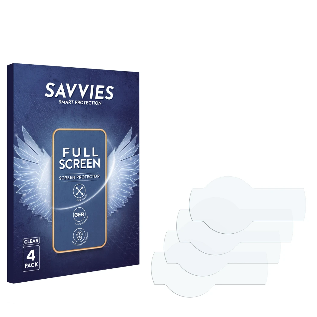 Face avant d’un emballage produit avec le logo de la marque Savvies. À côté se trouve la protection d’écran correspondante.