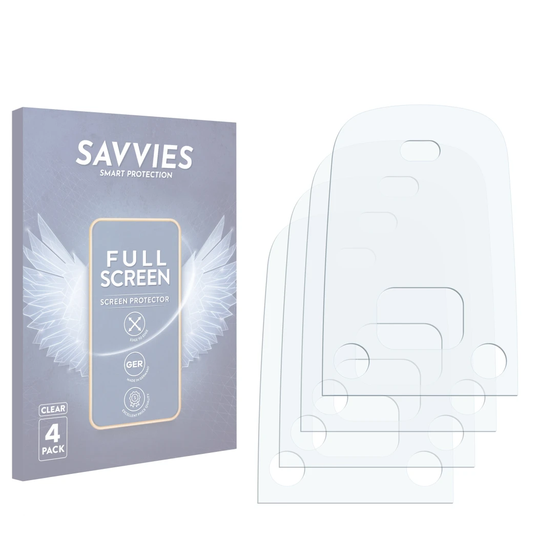Face avant d’un emballage produit avec le logo de la marque Savvies. À côté se trouve la protection d’écran correspondante.