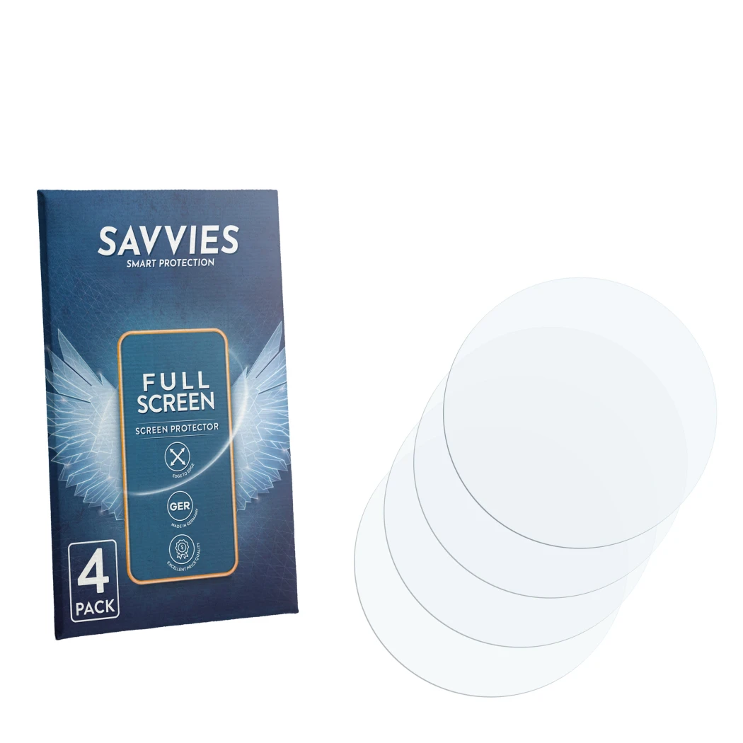 Face avant d’un emballage produit avec le logo de la marque Savvies. À côté se trouve la protection d’écran correspondante.