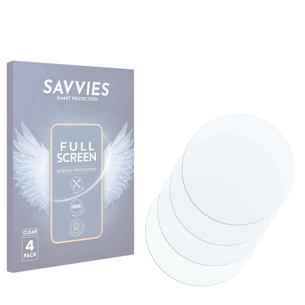 Face avant d’un emballage produit avec le logo de la marque Savvies. À côté se trouve la protection d’écran correspondante.