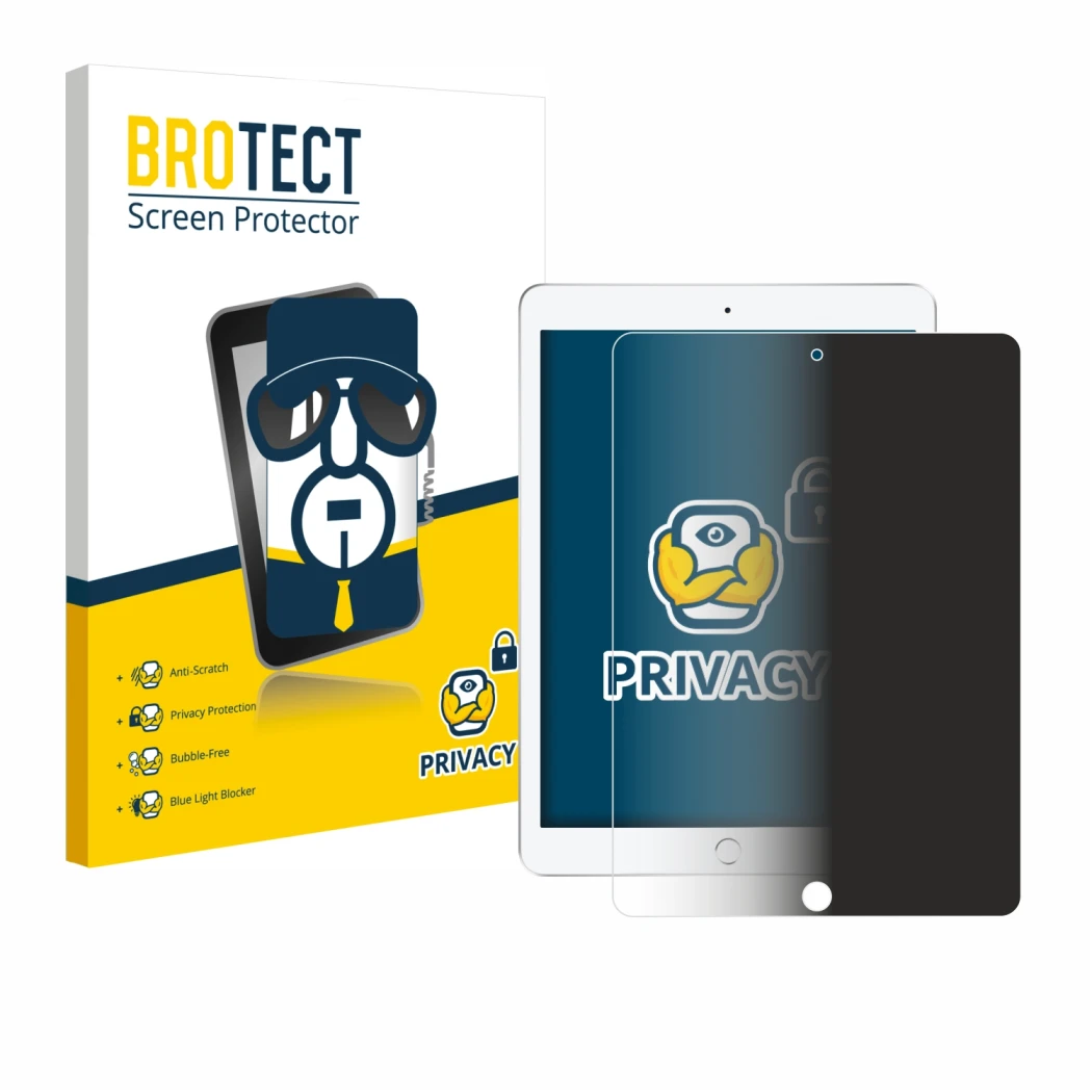 Face avant d’un emballage produit avec le logo de la marque BROTECT. À côté, l’appareil Apple iPad 9.7